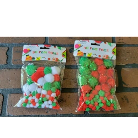 170 ~ Christmas Multicolored and Tinsel POM POMS ~ 1/4" to 1" ~ 2 packs - Picture 1 of 3